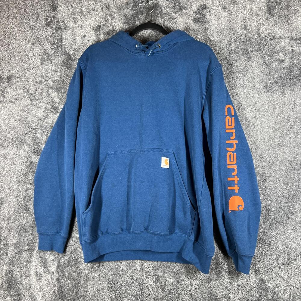 Carhartt Hoodie Mens M Blue Pullover Fleece Original Fit Logo Sleeve Print